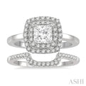 1 Ctw Diamond Wedding Set With 3/4 ct Halo Round Cut & 1/2 ct Princess Cut Center Stone Engagement Ring and 1/5 ct Wedding Band in 14K White Gold