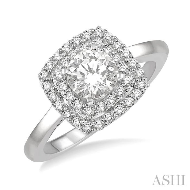 1/5 Ctw Cushion Shape Twin Halo Round Cut Diamond Semi Mount Engagement Ring in 14K White Gold