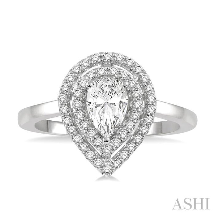 1/2 Ctw Twin Halo Round Cut Diamond Engagement Ring With 1/4 ct Pear Cut Center Stone in 14K White Gold