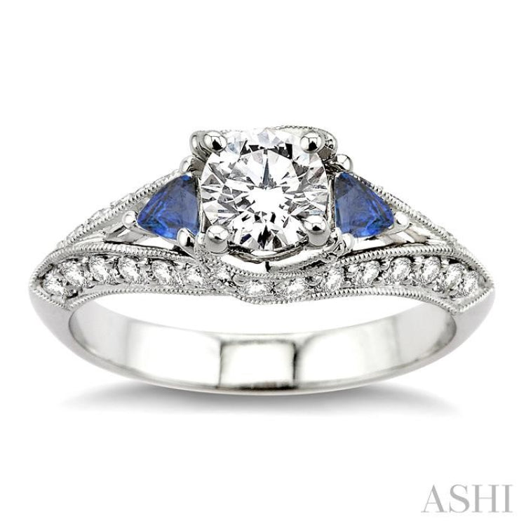 4x4MM Trillion Cut Sapphire and 5/8 Ctw Round Cut Diamond Semi-Mount Engagement Ring in 14K White Gold