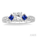 5/8 Ctw Diamond and 2.8 MM Princess Cut Sapphire Engagement Ring with 3/8 Ct Princess Cut Center Stone in 14K White Gold