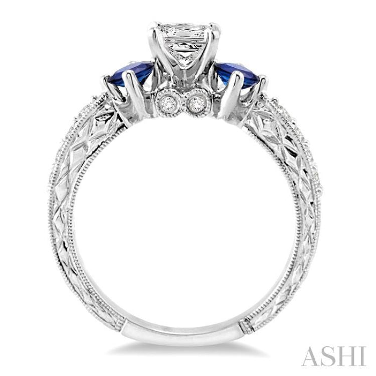 5/8 Ctw Diamond and 2.8 MM Princess Cut Sapphire Engagement Ring with 3/8 Ct Princess Cut Center Stone in 14K White Gold