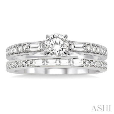 7/8 Ctw Diamond Wedding Set with 5/8 Ctw Round Cut Engagement Ring and 1/4 Ctw Wedding Band in 14K White Gold