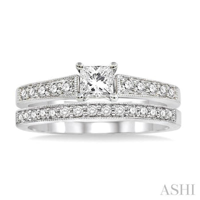 3/4 Ctw Diamond Wedding Set with 1/2 Ctw Princess Cut Engagement Ring and 1/6 Ctw Wedding Band in 14K White Gold