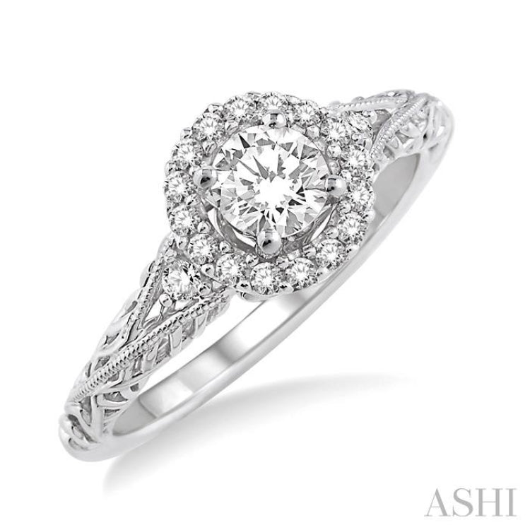 5/8 Ctw Diamond Engagement Ring with 3/8 Ct Round Cut Center Stone in 14K White Gold