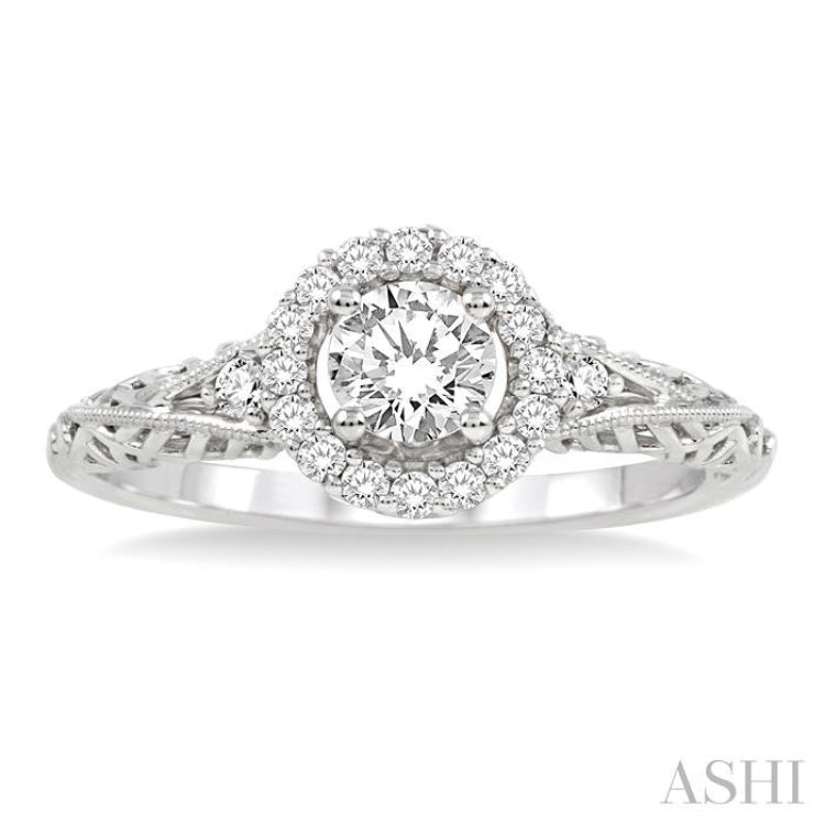 5/8 Ctw Diamond Engagement Ring with 3/8 Ct Round Cut Center Stone in 14K White Gold