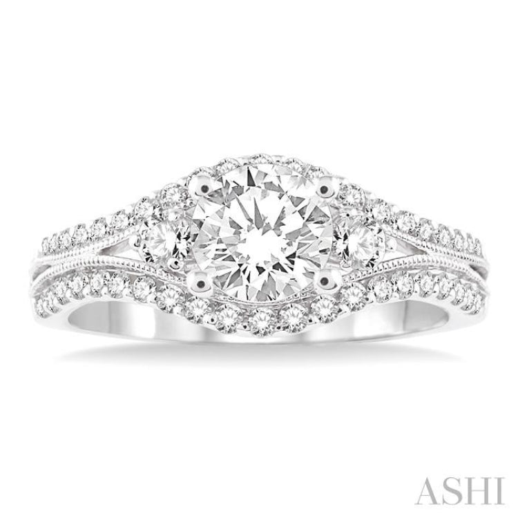 1 Ctw Diamond Engagement Ring with 1/2 Ct Round Cut Center Stone in 14K White Gold