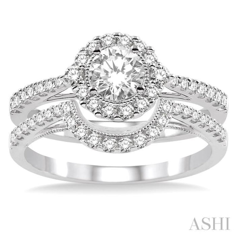 3/4 Ctw Diamond Wedding Set with 5/8 Ctw Round Cut Engagement Ring and 1/5 Ctw Wedding Band in 14K White Gold