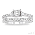 1 1/6 Ctw Diamond Wedding Set with 7/8 Ctw Princess Cut Engagement Ring and 1/4 Ctw Wedding Band in 14K White Gold