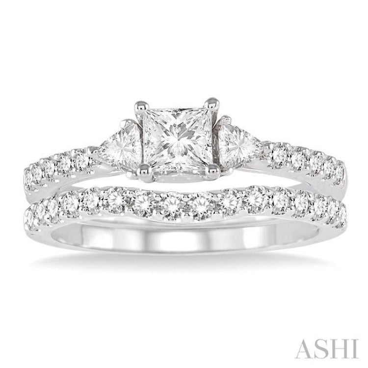 1 1/6 Ctw Diamond Wedding Set with 7/8 Ctw Princess Cut Engagement Ring and 1/4 Ctw Wedding Band in 14K White Gold