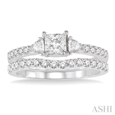 1 1/6 Ctw Diamond Wedding Set with 7/8 Ctw Princess Cut Engagement Ring and 1/4 Ctw Wedding Band in 14K White Gold