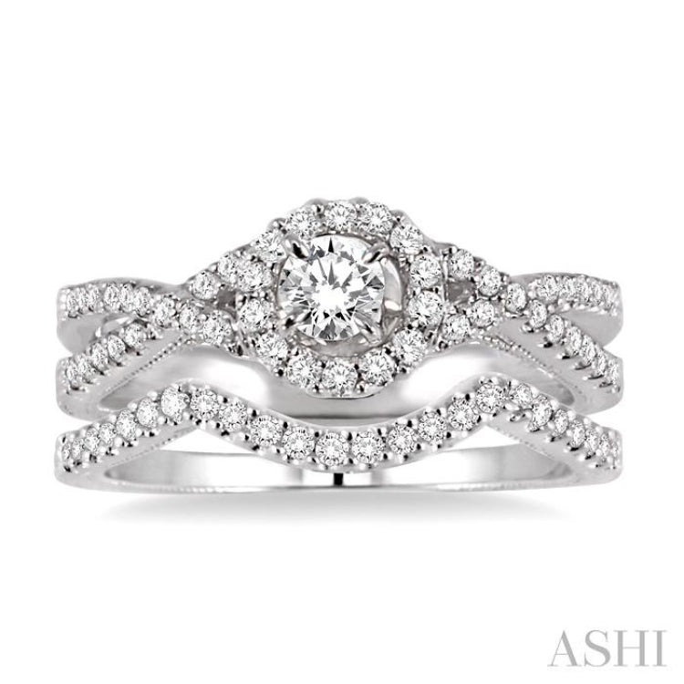 3/4 Ctw Diamond Wedding Set with 1/2 Ctw Round Cut Engagement Ring and 1/6 Ctw Wedding Band in 14K White Gold