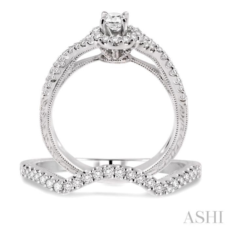 3/4 Ctw Diamond Wedding Set with 1/2 Ctw Round Cut Engagement Ring and 1/6 Ctw Wedding Band in 14K White Gold