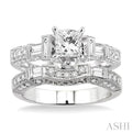 2 Ctw Diamond Wedding Set with 1 1/2 Ctw Princess Cut Engagement Ring and 1/2 Ctw Wedding Band in 14K White Gold