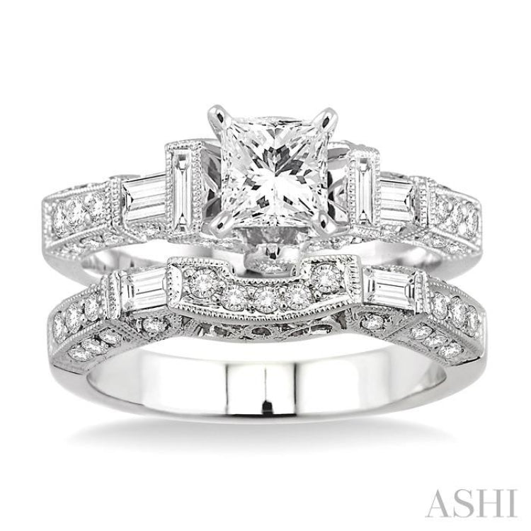 2 Ctw Diamond Wedding Set with 1 1/2 Ctw Princess Cut Engagement Ring and 1/2 Ctw Wedding Band in 14K White Gold