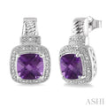 8x8 mm Cushion Cut Amethyst and 1/20 ctw Single Cut Diamond Earrings in Sterling Silver