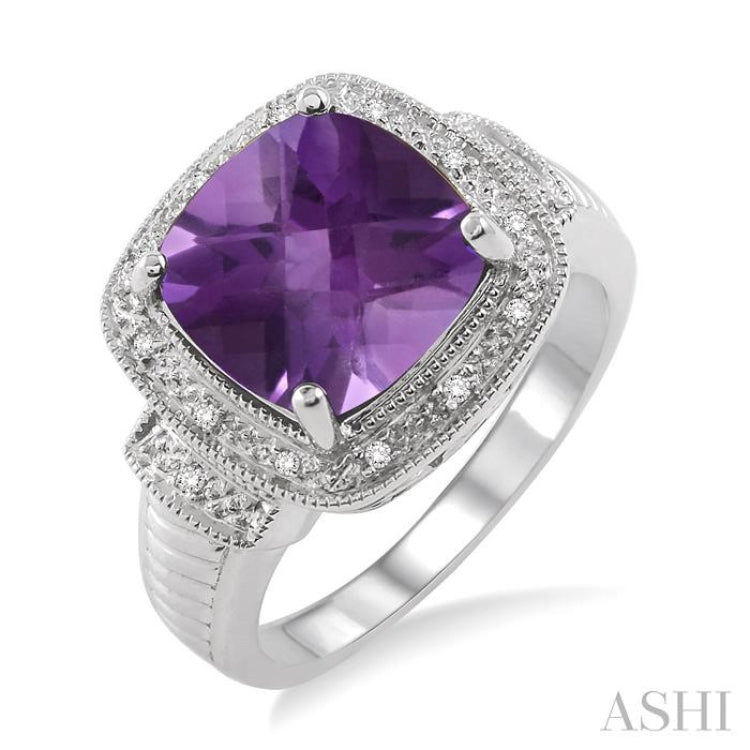 10x10 mm Cushion Cut Amethyst and 1/20 ctw Single Cut Diamond Ring in Sterling Silver