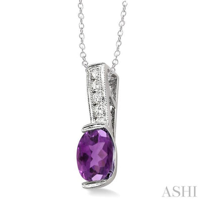 8x6  MM Oval Cut Amethyst and 1/50 Ctw Single Cut Diamond Pendant in Sterling Silver with Chain