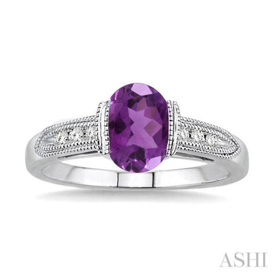 8x6 mm Oval Cut Amethyst and 1/20 Ctw Single Cut Diamond Ring in Sterling Silver