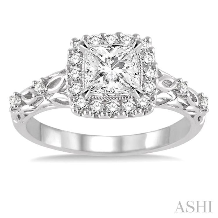 3/4 Ctw Diamond Engagement Ring with 3/8 Ct Princess Cut Center Stone in 14K White Gold