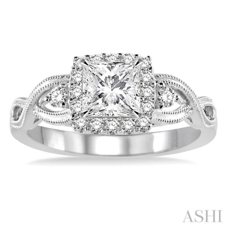 5/8 Ctw Diamond Engagement Ring with 3/8 Ct Princess Cut Center Stone in 14K White Gold