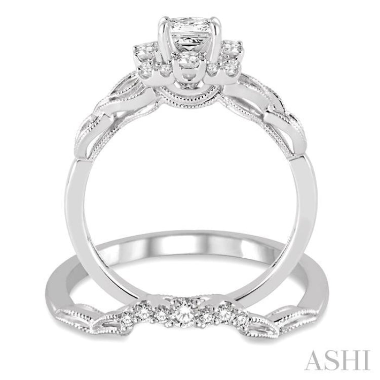 3/4 Ctw Diamond Wedding Set with 5/8 Ctw Princess Cut Engagement Ring and 1/10 Ctw Wedding Band in 14K White Gold