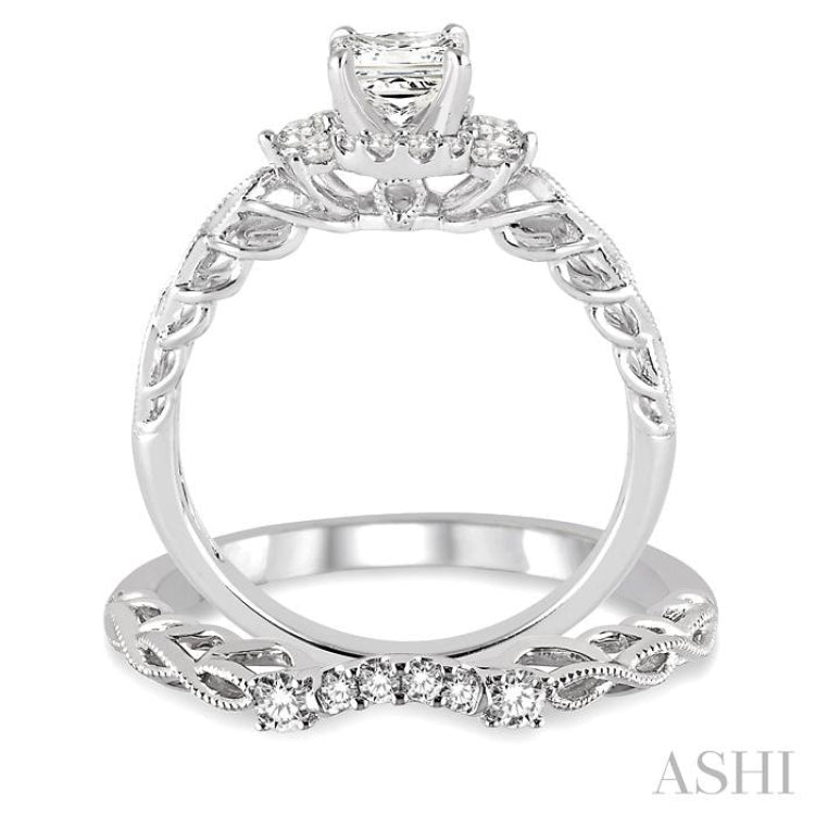 1/2 Ctw Diamond Wedding Set with 1/2 Ctw Princess Cut Engagement Ring and 1/10 Ctw Wedding Band in 14K White Gold