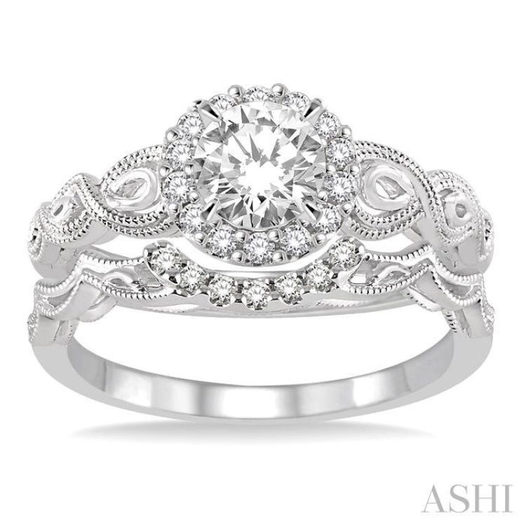 1/2 Ctw Diamond Wedding Set with 1/2 Ctw Round Cut Engagement Ring and 1/20 Ctw Wedding Band in 14K White Gold