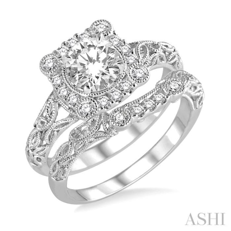 3/4 Ctw Diamond Wedding Set with 5/8 Ctw Round Cut Engagement Ring and 1/10 Ctw Wedding Band in 14K White Gold