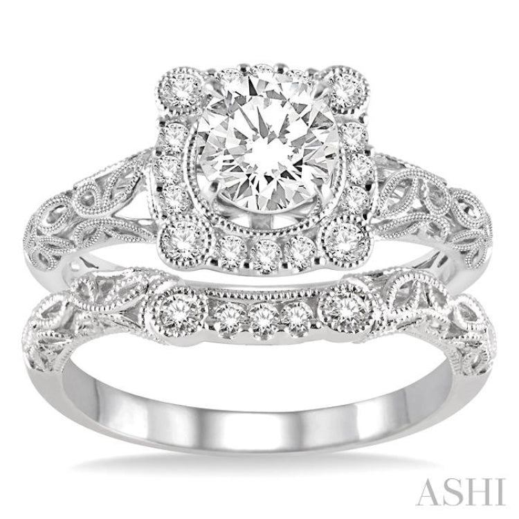 3/4 Ctw Diamond Wedding Set with 5/8 Ctw Round Cut Engagement Ring and 1/10 Ctw Wedding Band in 14K White Gold