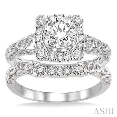 3/4 Ctw Diamond Wedding Set with 5/8 Ctw Round Cut Engagement Ring and 1/10 Ctw Wedding Band in 14K White Gold