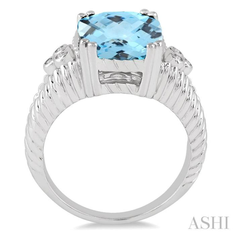 12x10 MM Cushion Checker Blue Topaz and 1/20 Ctw Round Cut Diamond Ring in Sterling Silver