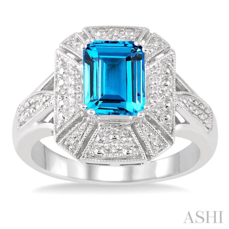 8x6 mm Emerald Cut Blue Topaz and 1/50 Ctw Single Cut Diamond Ring in Sterling Silver