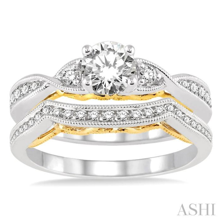 3/4 Ctw Diamond Wedding Set with 5/8 Ctw Round Cut Engagement Ring and 1/5 Ctw Wedding Band in 14K White and Yellow Gold