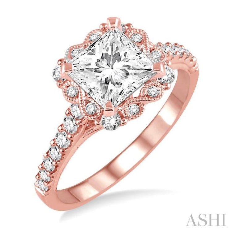 7/8 Ctw Diamond Engagement Ring with 1/2 Ct Princess Cut Center Stone in 14K Rose Gold