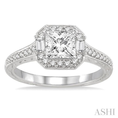 3/4 Ctw Diamond Engagement Ring with 1/2 Ct Princess Cut Center Stone in 14K White Gold