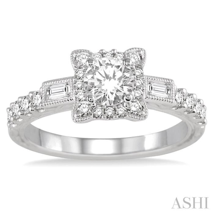 3/4 Ctw Diamond Engagement Ring with 3/8 Ct Round Cut Center Stone in 14K White Gold