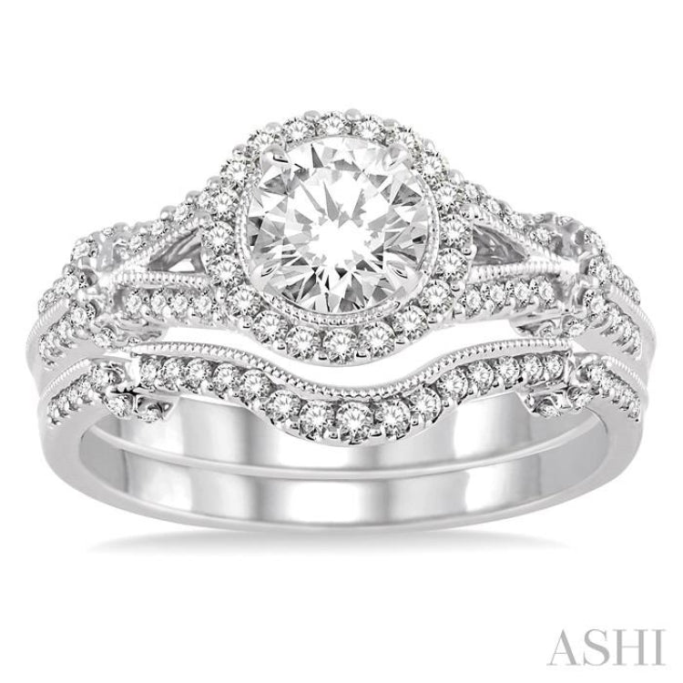 1 Ctw Diamond Wedding Set with 3/4 Ctw Round Cut Engagement Ring and 1/6 Ctw Wedding Band in 14K White Gold