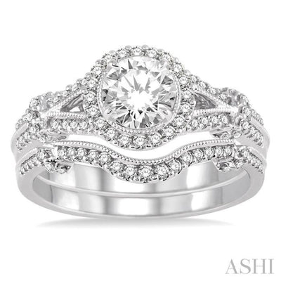 1 Ctw Diamond Wedding Set with 3/4 Ctw Round Cut Engagement Ring and 1/6 Ctw Wedding Band in 14K White Gold