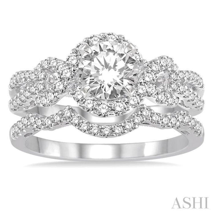 1 1/4 Ctw Diamond Wedding Set with 1 1/10 Ctw Round Cut Engagement Ring and 1/6 Ctw Wedding Band in 14K White Gold