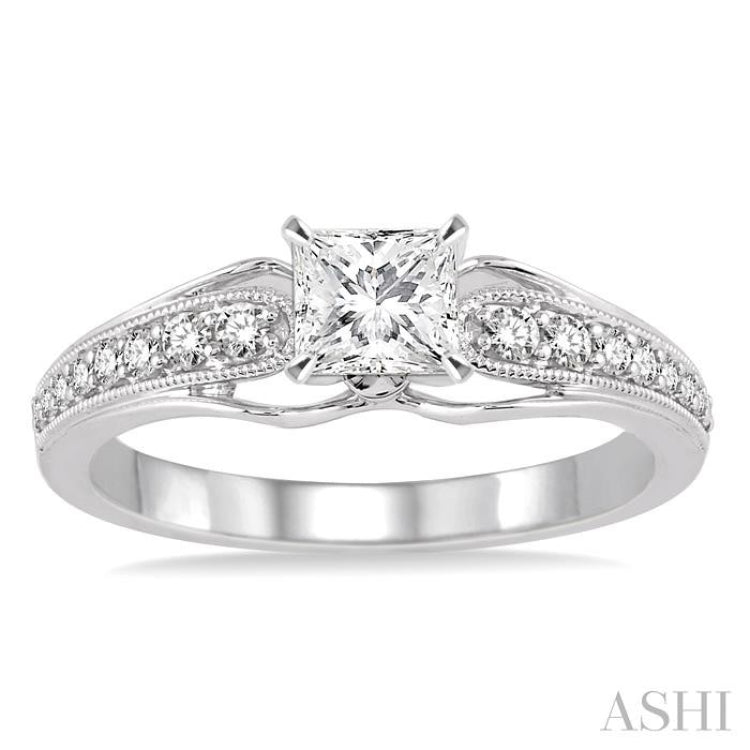 5/8 Ctw Diamond Engagement Ring with 3/8 Ct Princess Cut Center Stone in 14K White Gold