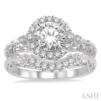 3/4 Ctw Diamond Wedding Set with 5/8 Ctw Round Cut Engagement Ring and 1/10 Ctw Wedding Band in 14K White Gold