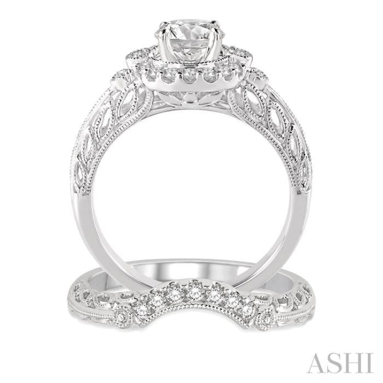 3/4 Ctw Diamond Wedding Set with 5/8 Ctw Round Cut Engagement Ring and 1/10 Ctw Wedding Band in 14K White Gold