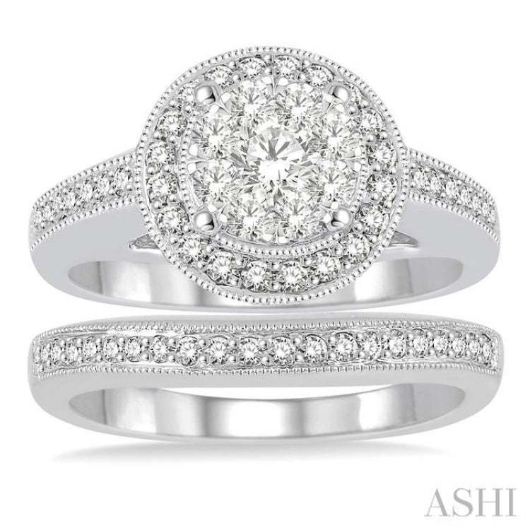 1 1/10 Ctw Diamond Lovebright Wedding Set with 1 Ctw Engagement Ring and 1/6 Ctw Wedding Band in 14K White Gold