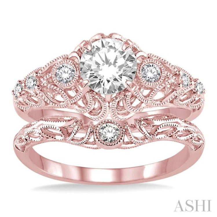 5/8 Ctw Diamond Wedding Set with 1/2 Ctw Round Cut Engagement Ring and 1/20 Ctw Wedding Band in 14K Rose Gold