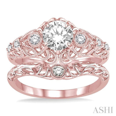 5/8 Ctw Diamond Wedding Set with 1/2 Ctw Round Cut Engagement Ring and 1/20 Ctw Wedding Band in 14K Rose Gold