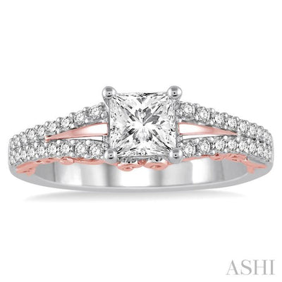 3/4 Ctw Diamond Engagement Ring with 1/2 Ct Princess Cut Center Stone in 14K White and Rose Gold