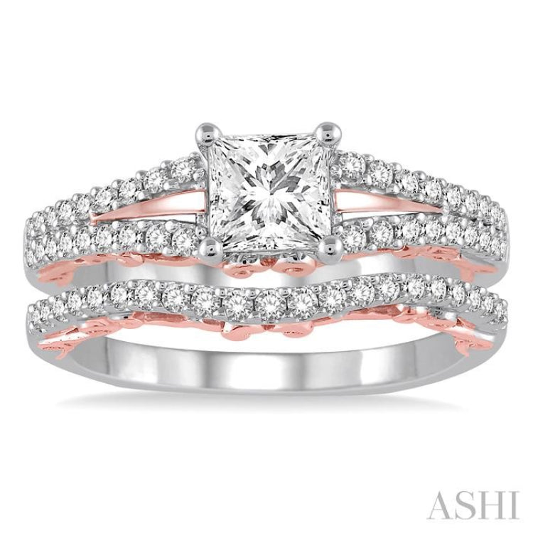 7/8 Ctw Diamond Wedding Set with 3/4 Ctw Round Cut Engagement Ring and 1/6 Ctw Wedding Band in 14K White and Rose Gold