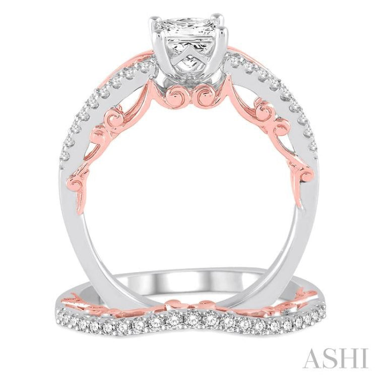 7/8 Ctw Diamond Wedding Set with 3/4 Ctw Round Cut Engagement Ring and 1/6 Ctw Wedding Band in 14K White and Rose Gold