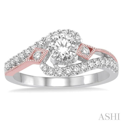 3/4 Ctw Diamond Engagement Ring with 1/3 Ct Round Cut Center Stone in 14K White and Rose Gold